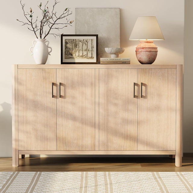 Farmhouse Style 4-Door Cabinet with Natural Finish, A Rustic Accent for Entryways or Small Spaces (Natural)