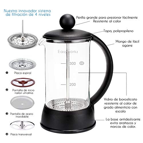 Easyworkz French Press Coffee Tea Maker with Innovative 4 level filtration system,Easy to clean Heat Resistant Borosilicate Glass-BPA Free,Non-slip Soft Grip Handle,Black 34oz 8Cup