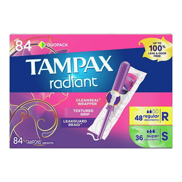 Tampax Radiant Plastic Tampons Regular/Super Multipack, 84 ct