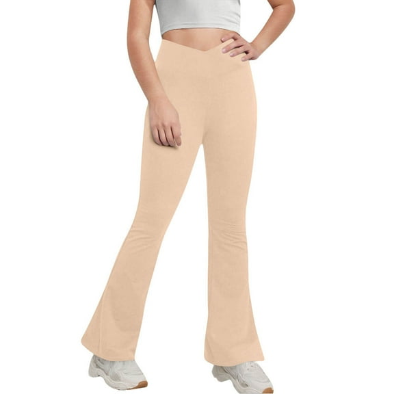 Fesfesfes Girls Solid Color Pants High-Waisted V-Waist Yoga Trousers Full-Length Flared Leg Soft Stretchy Casual Gym Wearing Clothes(Beige,5 Years)