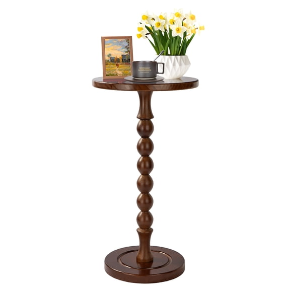 Arikago  Round Side Table for Small Spaces, Drink Table with Oak Wood Pedestal, Modern End Table Nightstand for Living Room, Bedroom, Office, and Corners, Tool-Free Assembly, Brown