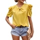 thumbnail image 1 of Bienvenido Mujer Camiseta Cuello En V Lazo Delantero Mangas Cortas Abullonadas Cierre De Botón Trasero Verano Casual Top Amarillo S, 1 of 6