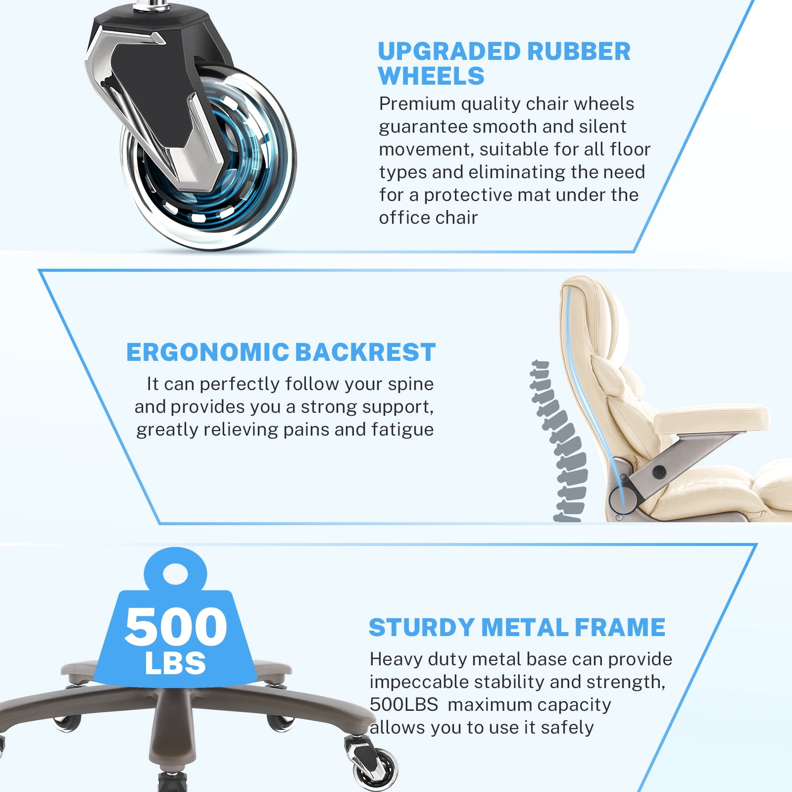 Big and Tall Office Chair 500lbs, Large High Back Executive Chair with Extra Wide Seat, Heavy Duty Computer Desk Chair, 3D Flip Arms, Adjustable Lumbar Support, Beige