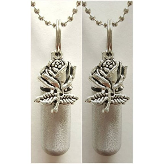 SET of TWO - Brushed Silver ROSE CREMATION URN Keepsakes with ENGRAVED HEART - Includes Velvet Pouches, Ball-Chains and Fill Kit
