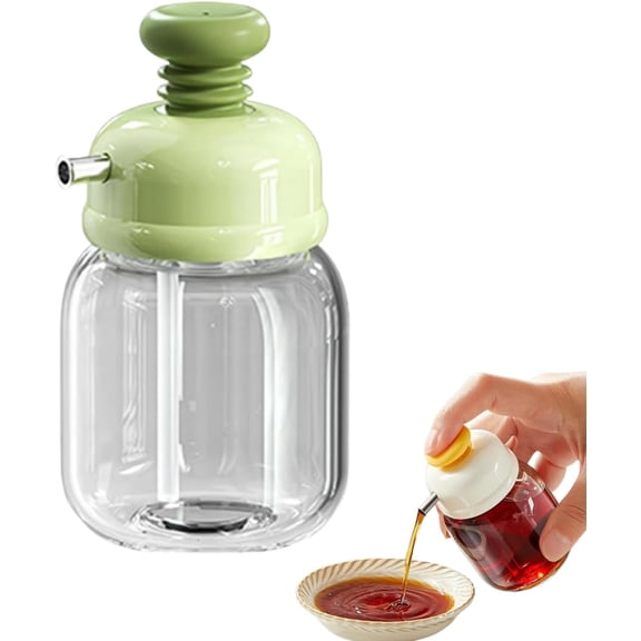 Oil Dispenser Press on Sesame Oil Jar, 100 ml Glass Jar Soy Sauce Bottle for Kitchen Salad Barbecue Roasting Frying (Green)