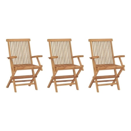 Foldable Outdoor Lounge Chair Set of 3- Slatted Back- Brown Teak Wood