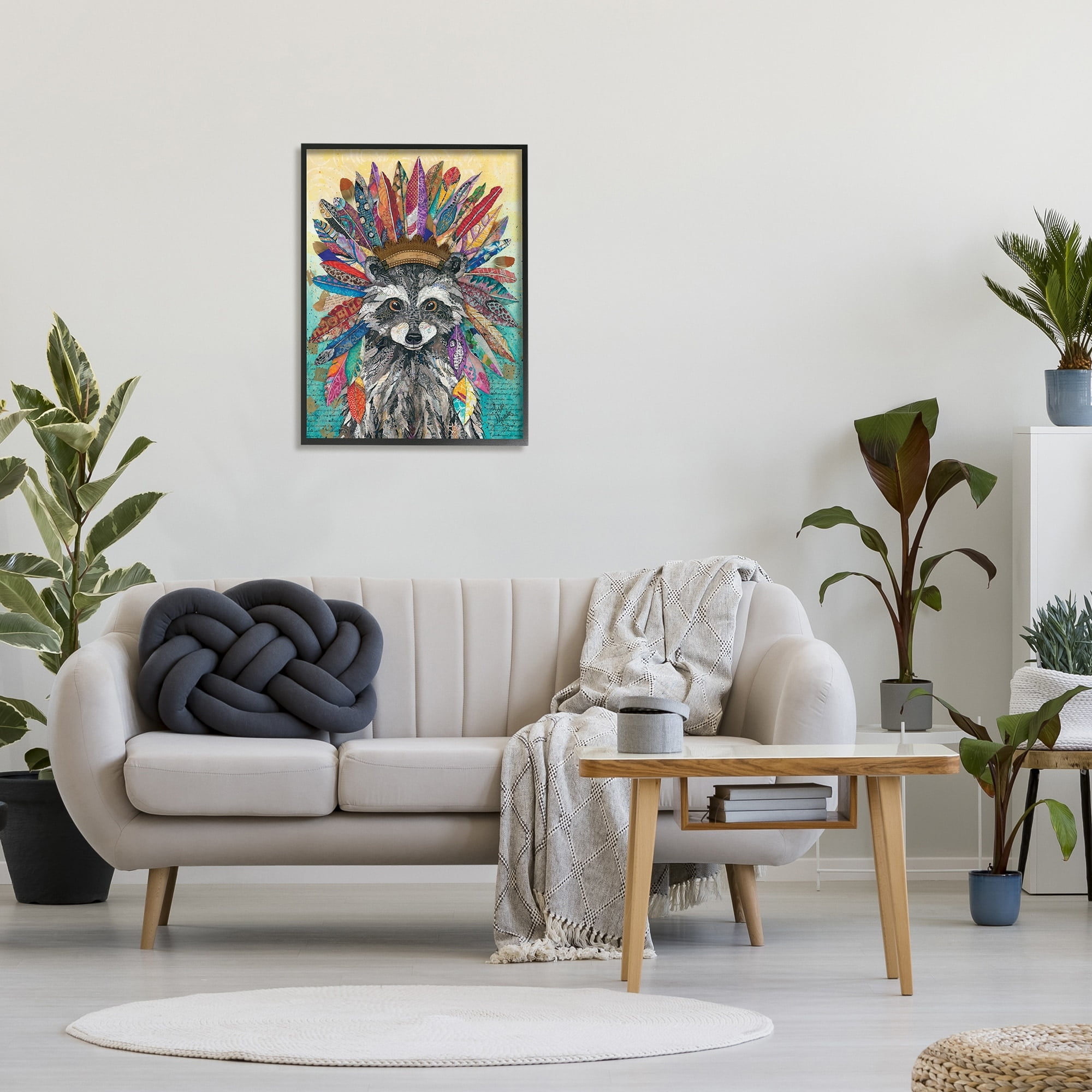 Stupell Industries Bold Tribal Raccoon Mixed Ephemera Collage Painting Painting Black Framed Art Print Wall Art, Design by Lisa Morales