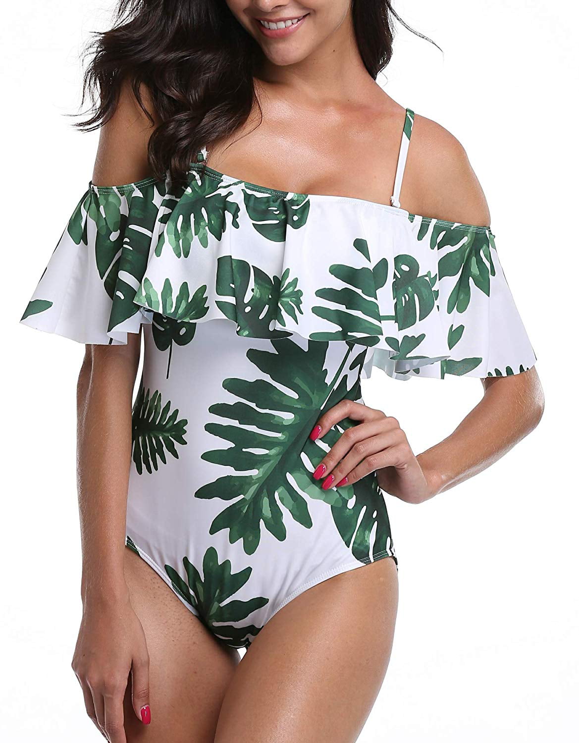Women Swimsuit Two Piece Off Shoulder Flounce Bathing Suit Leaf Printed Tankini