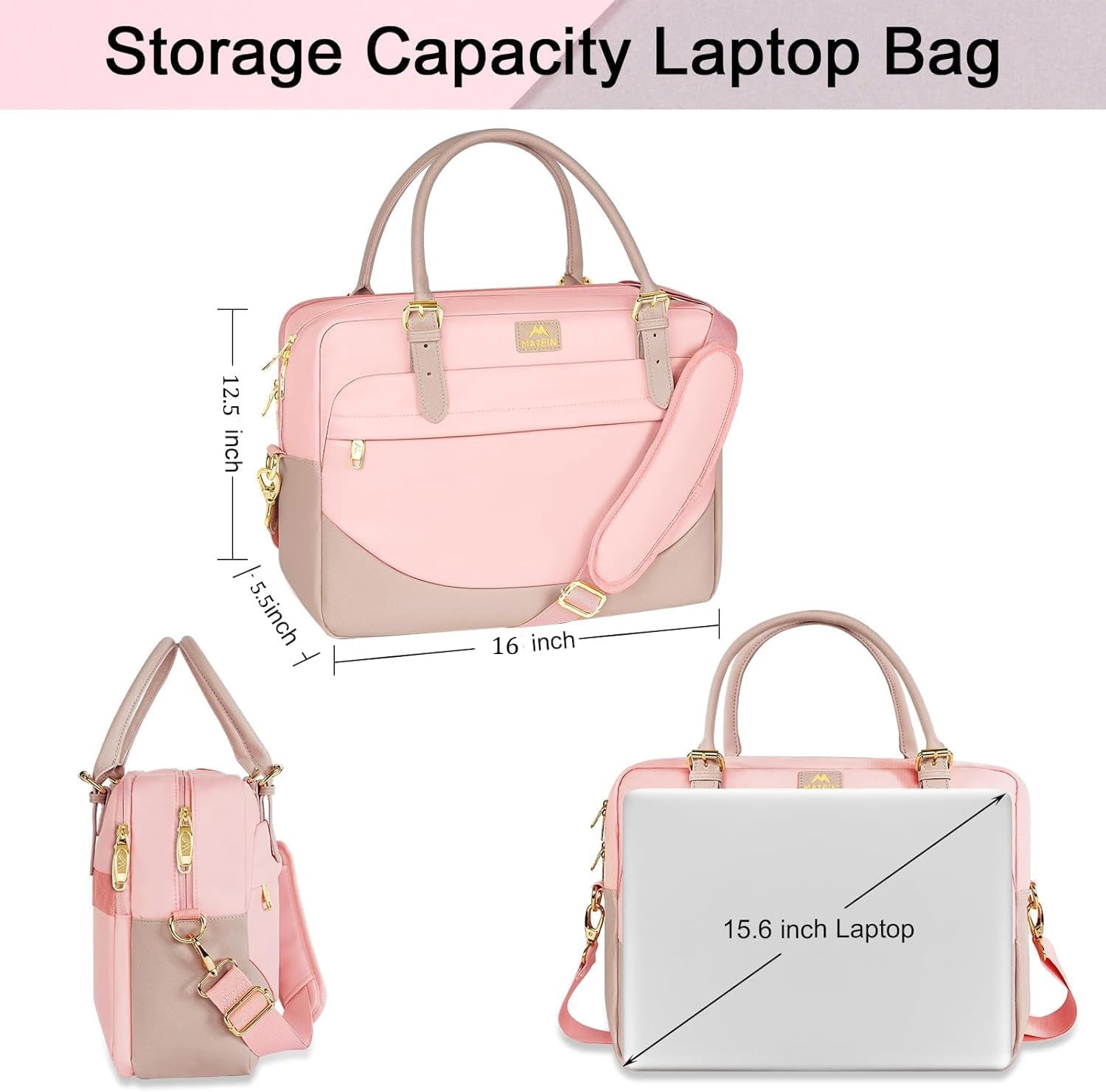 Matein Laptop Computer Bag for Women, 15.6in Waterproof Messenger Bag with Adjustable Shoulder Strap for Work Travel College, Pink