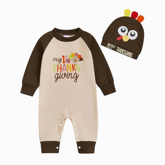 larppty 2Pcs Neutral Outfits Newborn Baby Boy Girl Pumpkin Romper Jumpsuit My 1st Thanksgiving Clothes with Hat