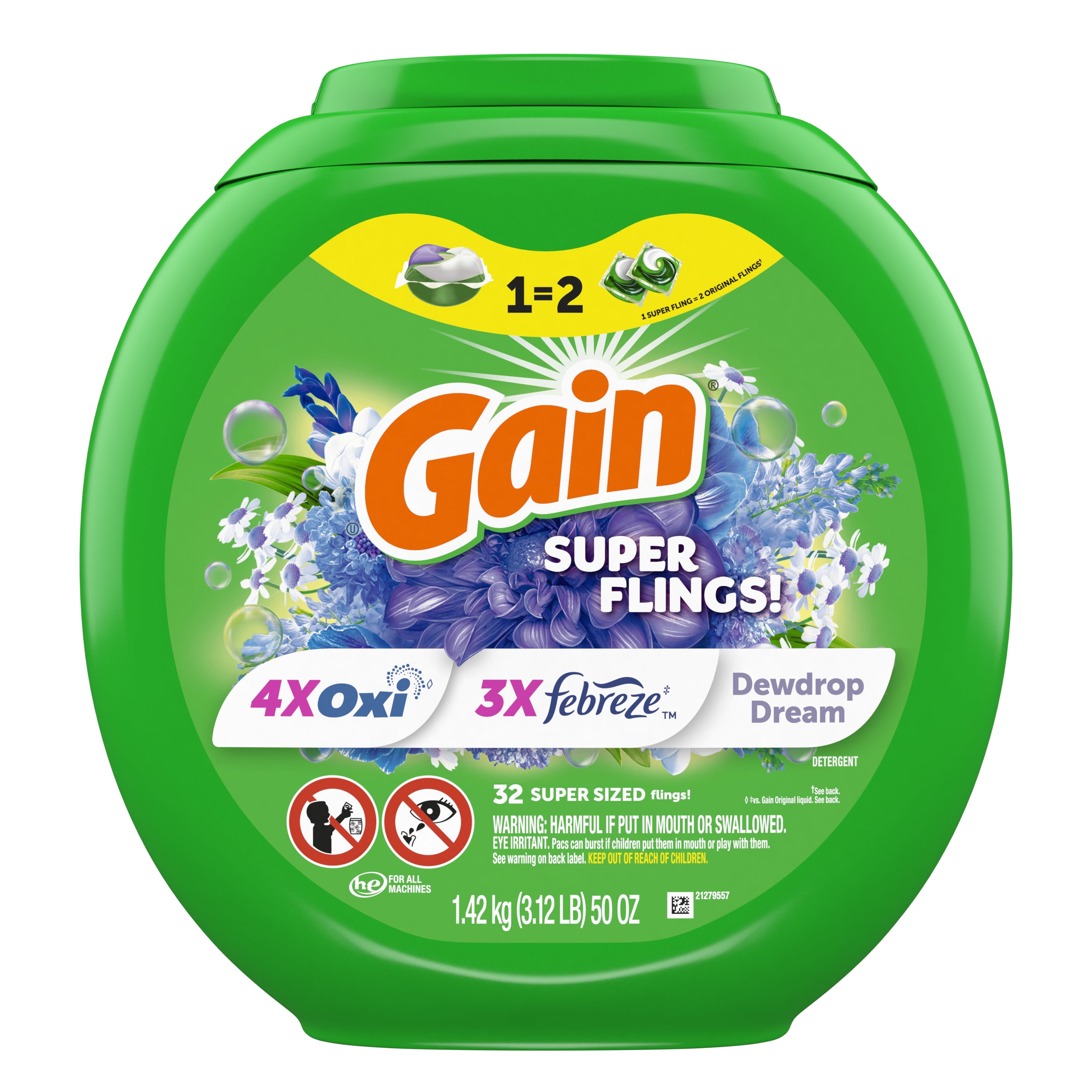 Gain Relax Super-Sized Flings Laundry Detergent Packs, Dewdrop Dream Scent, 32 Count
