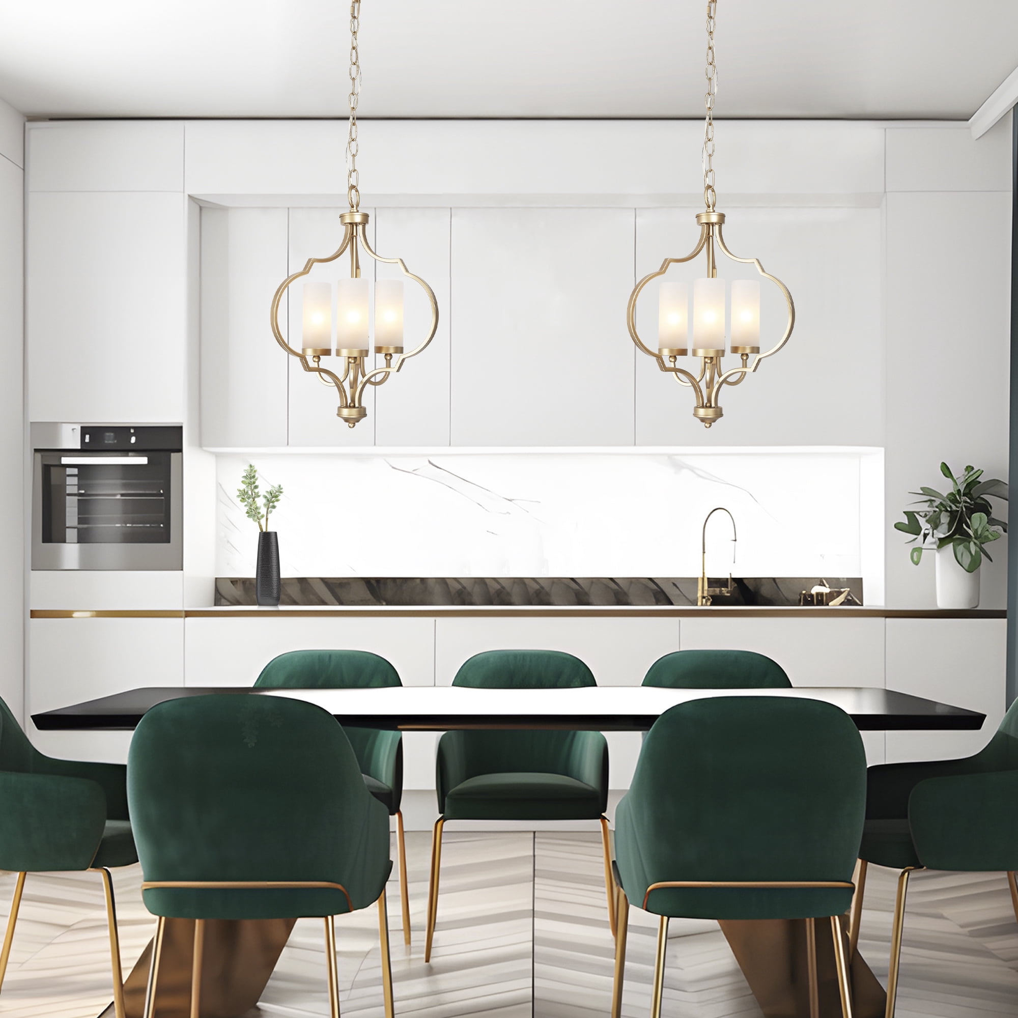 LNC Charm 3 -Light Matte Gold Cage Frosted glass Metal Chandelier