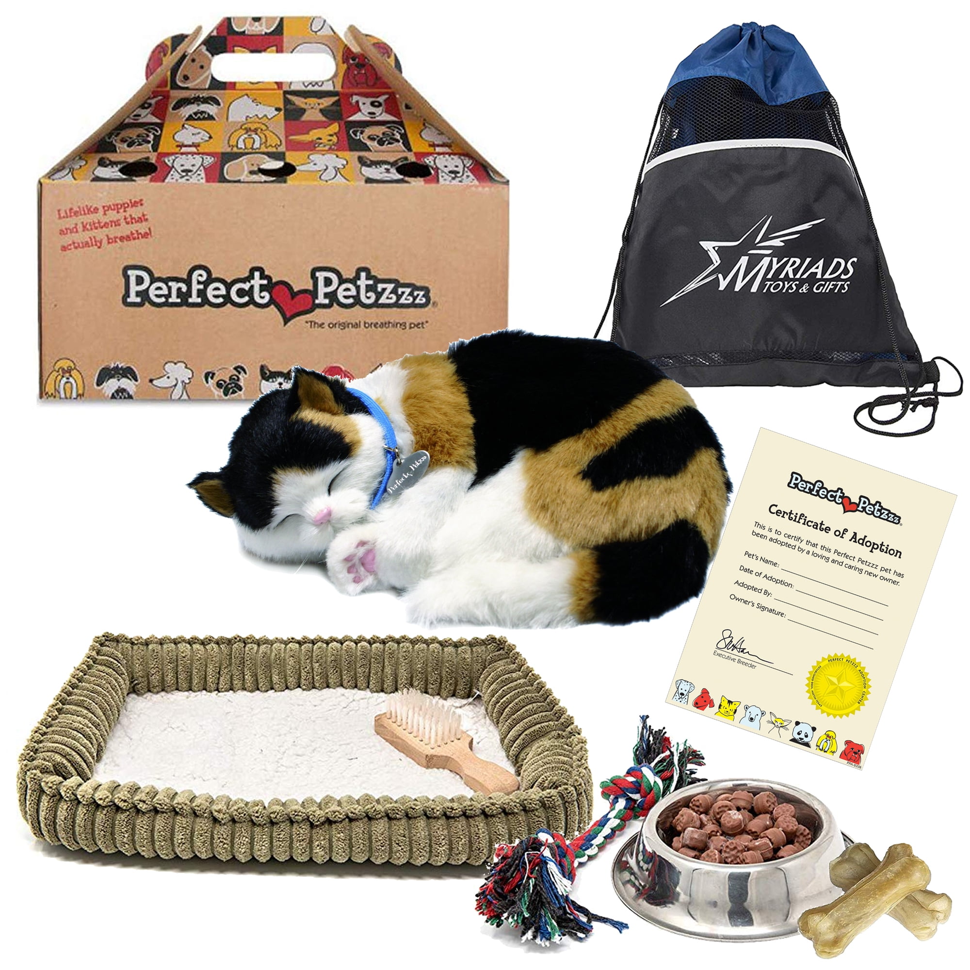 Perfect Petzzz Sleeping Calico Cat Plush Toy With Dog Food Treats And Chew Toy Includes Myriads Drawstring Bag Walmart Com Walmart Com