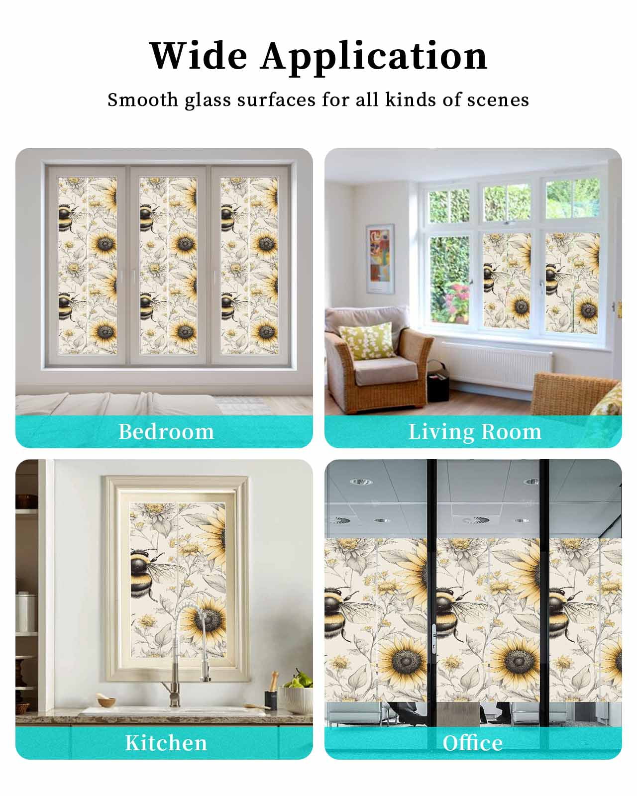 Window Privacy Film Sunflowers Bees Stained Glass Window Film Decorative Sun Block Window Cover Summer Vintage Flowers Leaf Plant Window Clings Static Adhesive Sticker for Bathroom 17.7"x78.7"