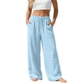 thumbnail image 2 of Resicozy Wide Leg Linen Pants for Women Summer Drawstring Elastic Waist Lounge Pant Loose Fit Dressy Trousers with Pockets Light Blue 2XL, 2 of 6