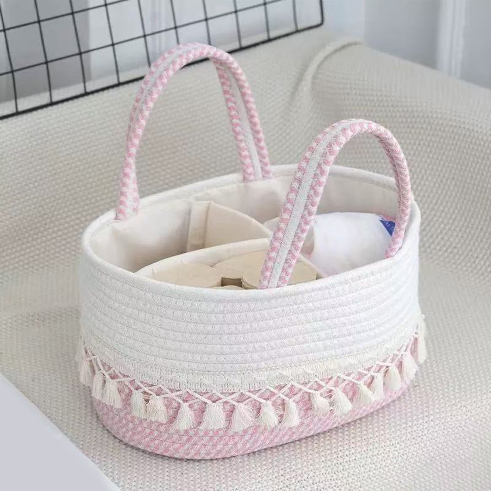 Diaper Caddy and Toy Storage Basket, Woven Cotton Rope with Divided Compartments, Tassel Handles, Farmhouse Boho Nursery Organizer, Blush Pink 14"