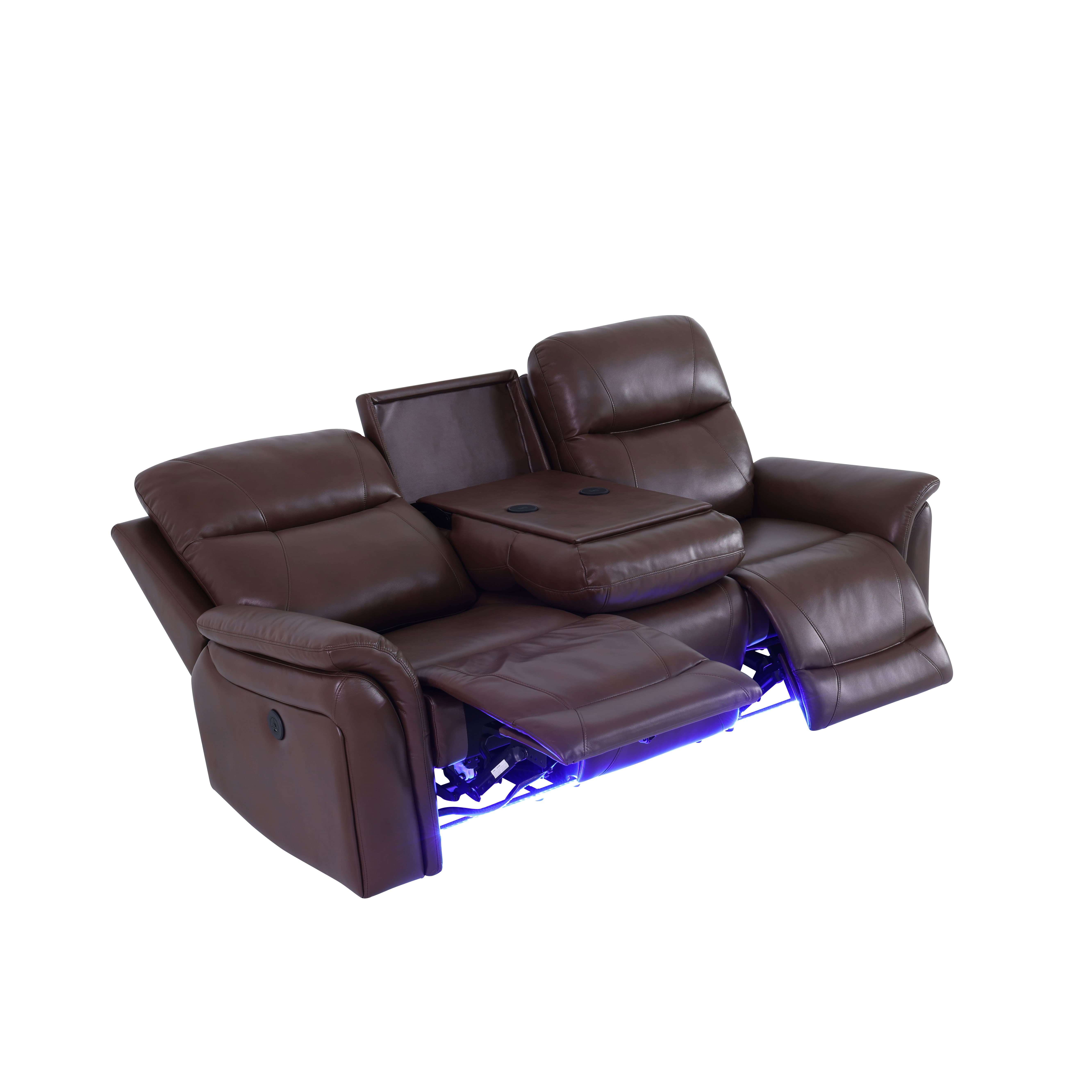 MAYEERTY Power Reclining Sofa, Electric 3-Seat Breathable Leather Recliner with USB Charging, Reversible Table & LED for Living Room, Reddish Brown