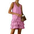 thumbnail image 5 of Sahpxhe Mini Dresses for Women Sleeveless V-Neck Ruffle Tiered Cotton Linen Tank Dress Casual Summer Beach Vacation Sundresses Pink L, 5 of 7