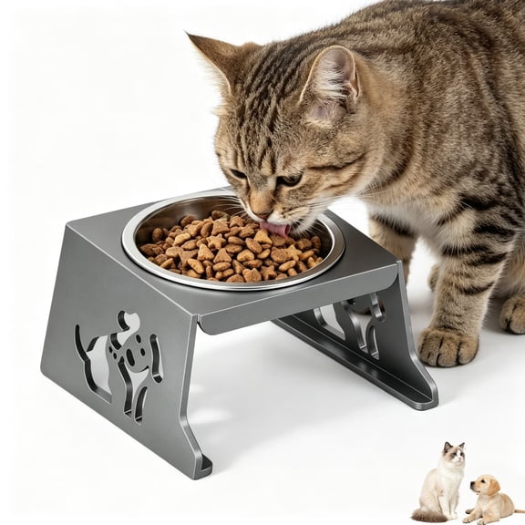 Gun Gray Elevated Pet Bowl – Raised Cat and Dog Bowl for Small Dogs, Cervical Spine Protection