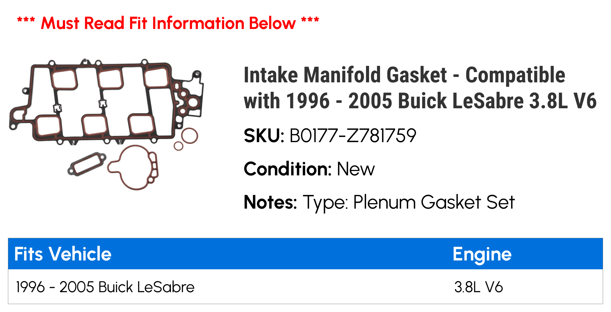 Intake Manifold Gasket - Compatible with 1996 - 2005 Buick LeSabre 3.8L V6 1997 1998 1999 2000 2001 2002 2003 2004