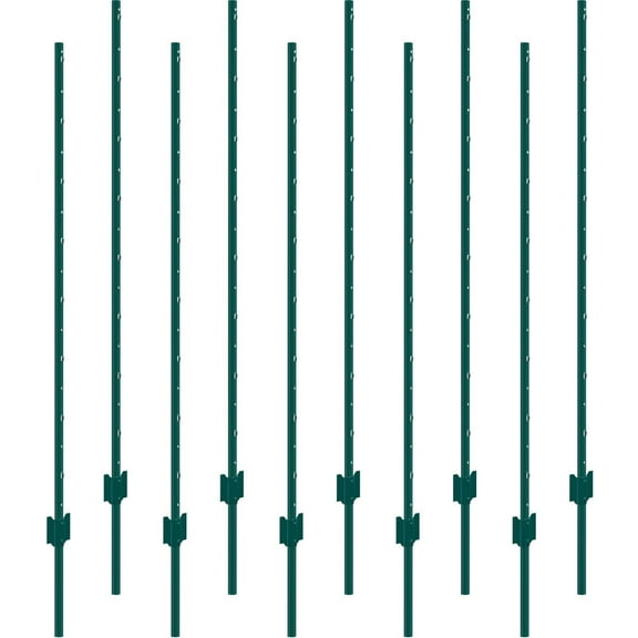 5ft Fence Posts, 10 Pack - Heavy Duty Metal U-Channel Fence Stakes, Steel Garden Fence Posts for Yard, Lawn, Farm, Outdoor Wire Fencing - Green