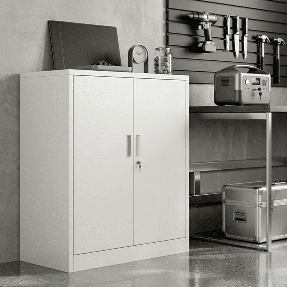 Metal Storage Cabinet with Doors and Lock, 36" Short Steel Accent Cabinet with 2 Adjustable Shelves, Lockable Garage & Home Office Cabinet Organizer, 31.5" W x 15.8" D, White