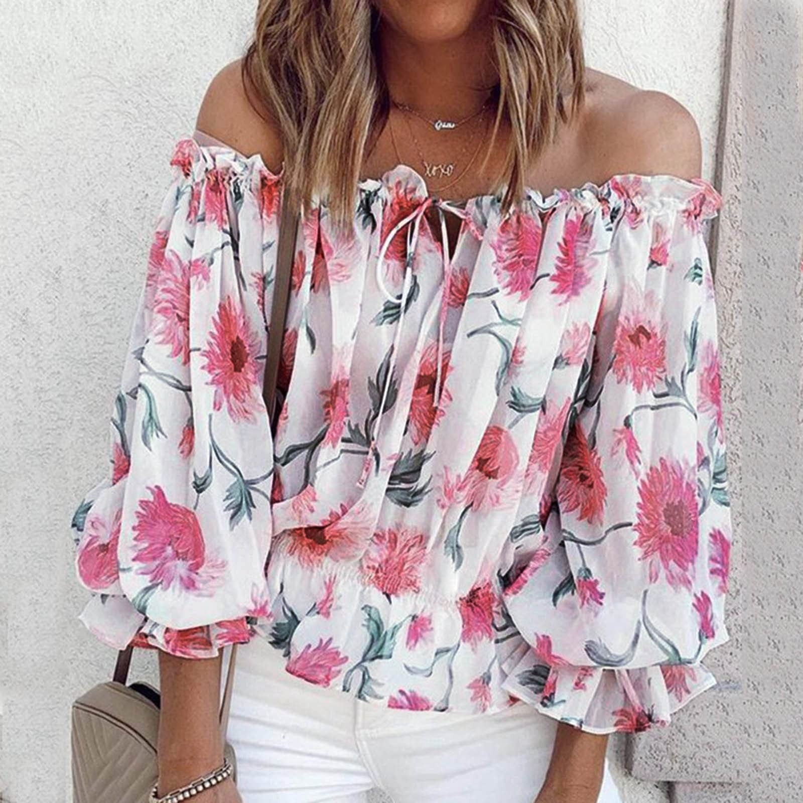 jsaierl Off the Shoulder Tops for Women Puff Sleeve Print Ruffle Blouse ...