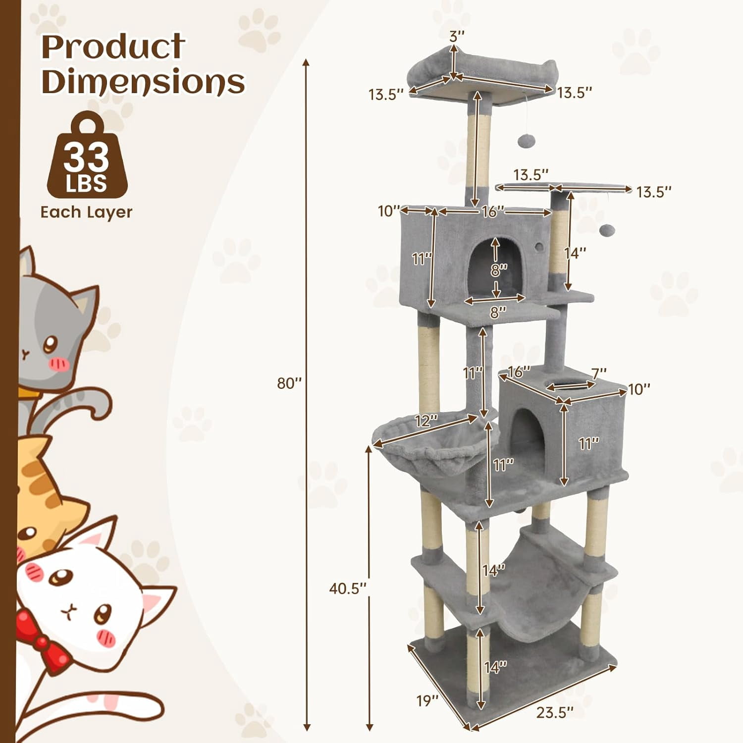 LEHOME 80 Inch Tall Cat Tree, Multi-Level Cat Tower with Sisal Scratching Posts, 2 Condos, Plush Perch, Hammock, Basket, Dangling Toys, Cat Climbing Furniture for Indoor Cats (Light Gray)