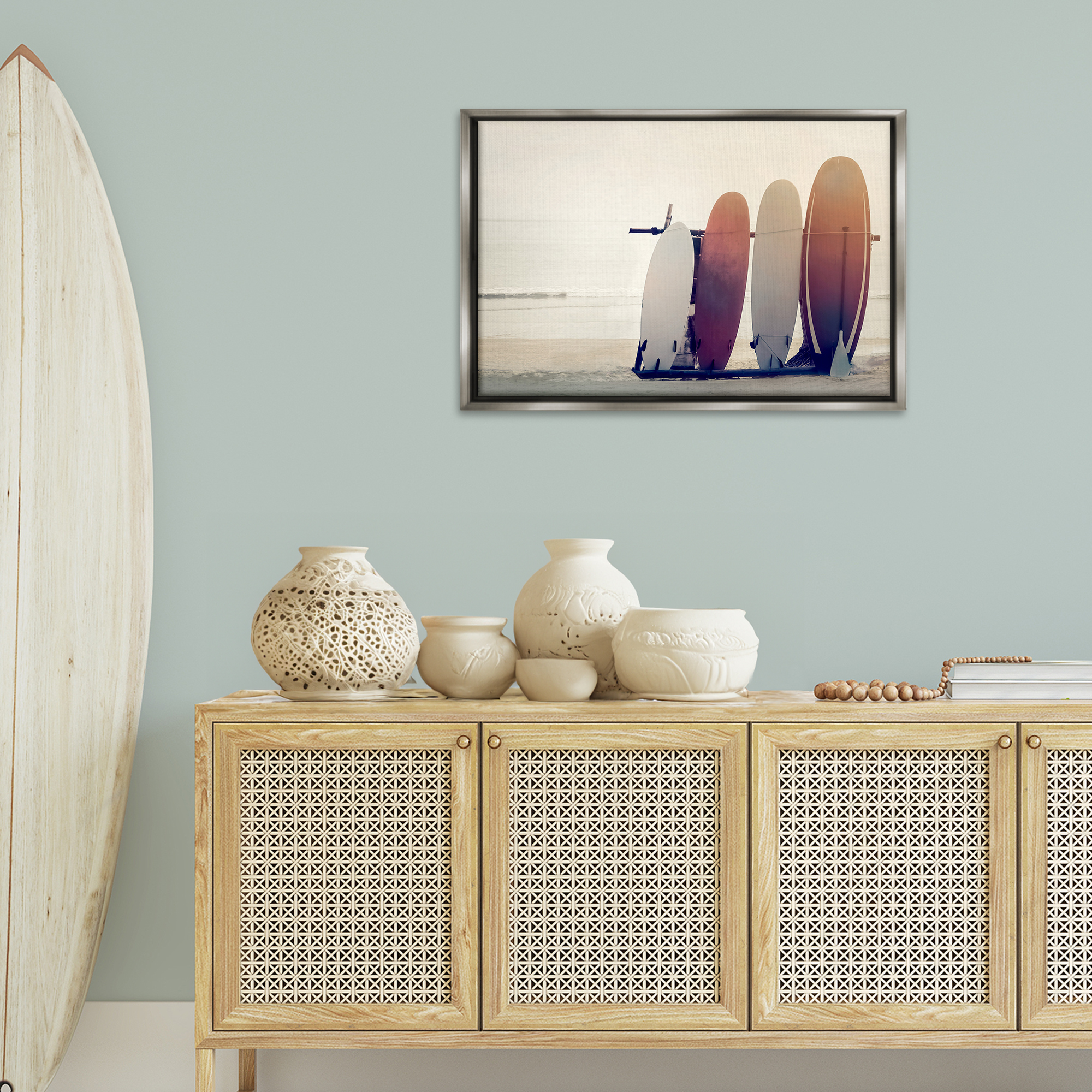 Stupell Industries Beach Surfboards Leaning Landscape Photography Gray Floater Framed Canvas Art Print Wall Art, 31 x 21