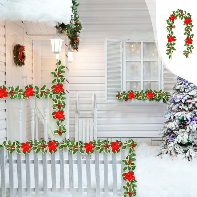 Dvkptbk Fleurs Simulées Rotin Décoration Murale Maison Feuilles de Houx Baies Rouges Décoration d'Ambiance de Noël Simulation Rotin de Noël
