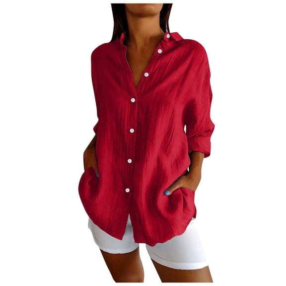 Women'S Clothing, Tops for Women Trendy, Women’s Classic Textured Button-Up Shirt with Pleated Design for Summer Lightweight Roll-Up Sleeve Blouses Ideal for Casual and Wear