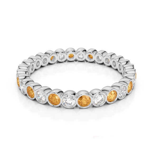 Round 2.5 Ctw Citrine & White Cz Alternate Gemstone Bezel Set Full Eternity Band 925 Sterling Silver Stackable Women Engagement Ring_7.5