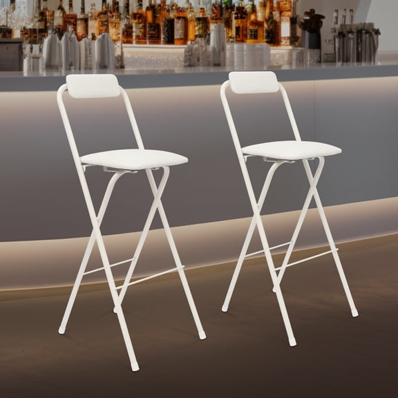 White Foldable Bar Stools Set Of 2 Carbon Steel Frame PU Cushion Folding Bar Chairs For Bar Cafe