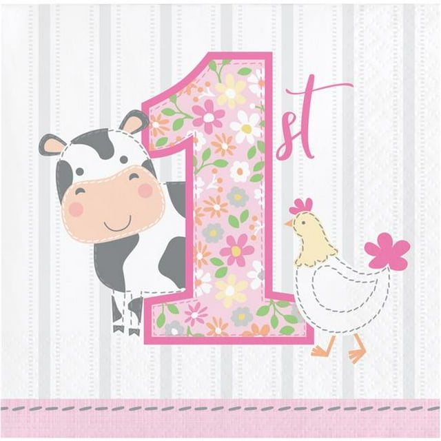 Creative Converting 339866 Ferme 1er Anniversaire Fille Boisson Serviettes&44; 16 Comte