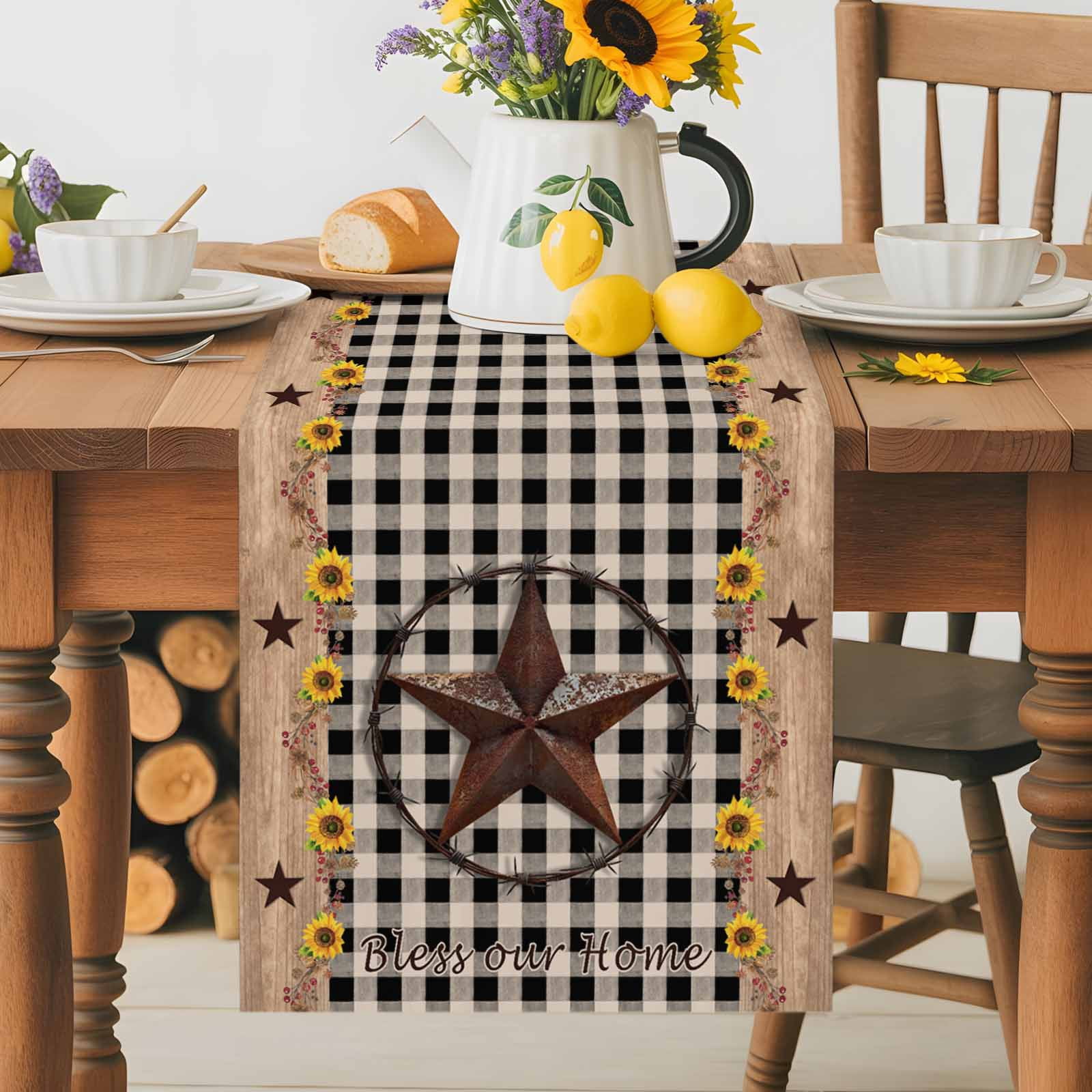 Farm Star Sunflower Wood Grain Table Runner 90 Inches Long, Black Buffalo Plaid Table Runners Tabletop Scarf Kitchen Dining Tables Decoration for Home Party Indoor Outdoor