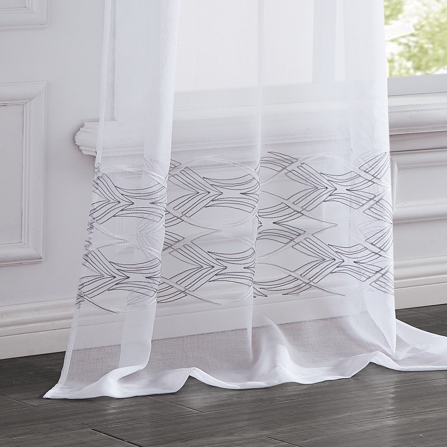 New Wave Linen Look Wave Design Striped 76" x 96" Window Panel Pair in Silver and White