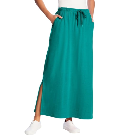 LWavelet Women Solid Midi Skirt Elastic Drawstring Waist With Pockets Side Split Casual Skirt Turquoise M