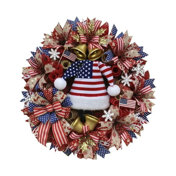 Patriotic Wreath for Front Door, 4th of July Memorial Day Independence Day Decor, 12 Inch Red White and Blue American Flag Wreath for Summer Christmas Veterans Day, Indoor Outdoor Wall Window Hanging