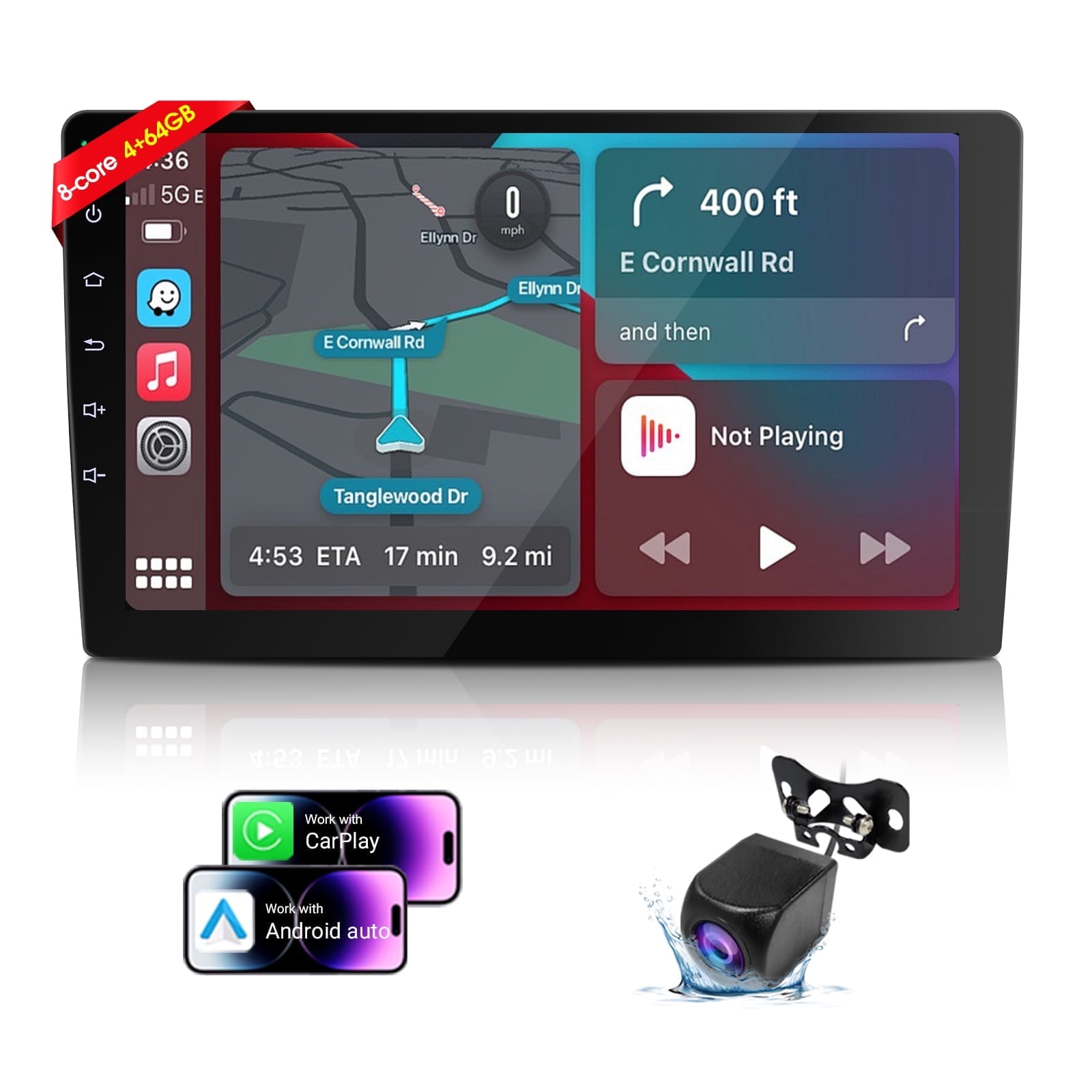 Haudio 9" Wireless CarPlay & Android Auto Touchscreen Car Radio, 8-Core 4+64GB Double Din Car Stereo, HD Backup Camera, Voice Control Car Audio