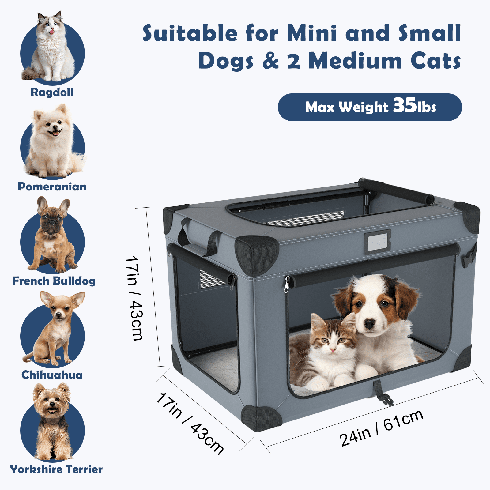 24 Portable Collapsible Dog Crate, Soft Foldable Pet Kennel with 3-Door Mesh Windows, Soft Warm Blanket and Foldable Bowl for Cats & Small Dogs, Indoor & Outdoor
