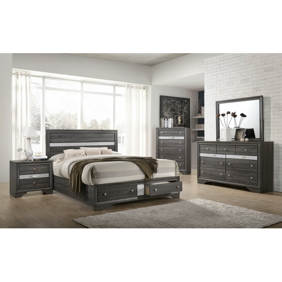 Nerta Gray/Silver Storage Platform Bedroom Set Special Queen 3 Piece: Bed, Dresser, Mirror