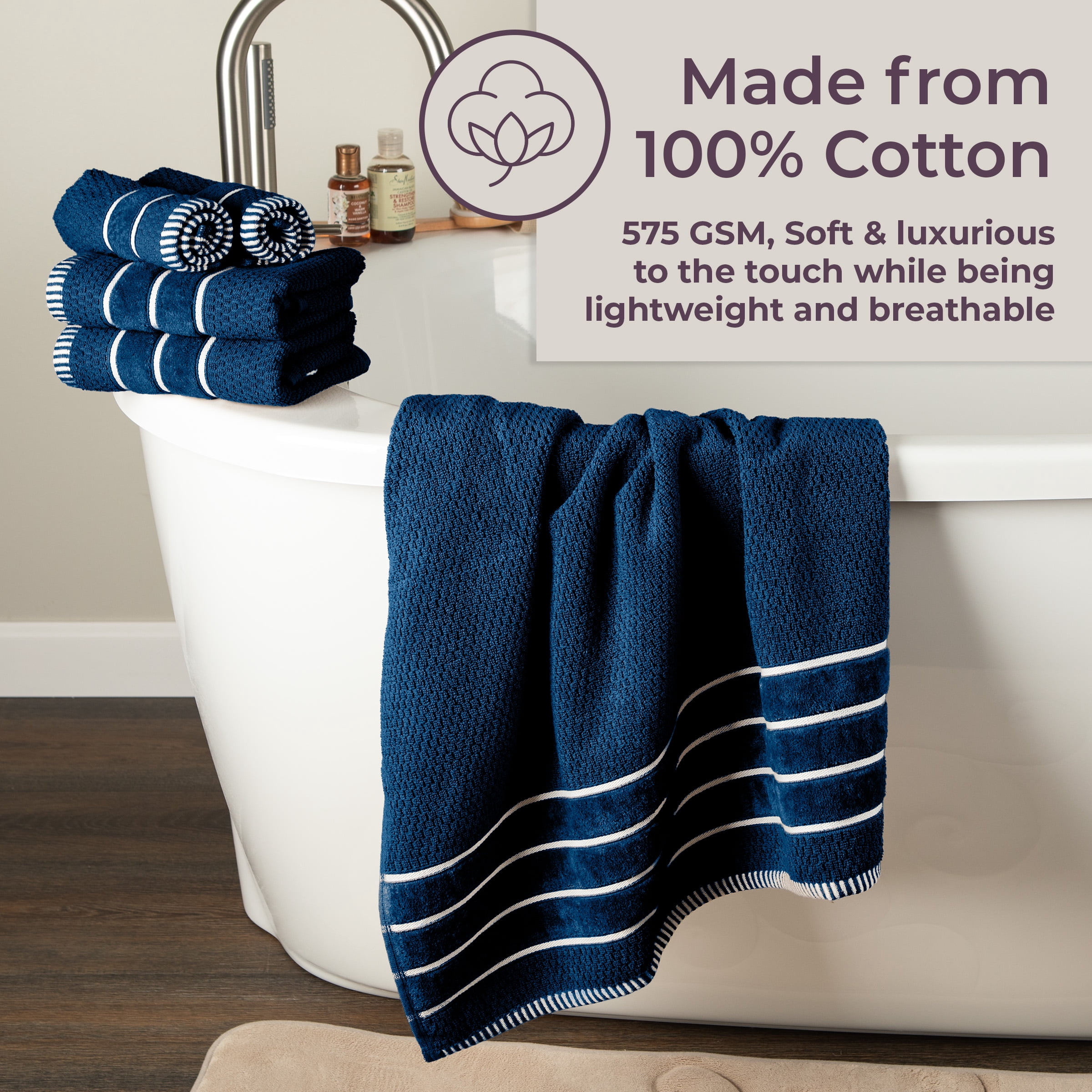 Lavish Home 6-Piece 100% Cotton Bathroom Towel Set with Rice Weave (Navy)