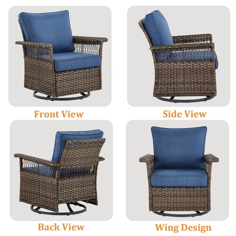 PARKWELL 6 Pieces Patio Furniture Set with Fire Pit Table, Outdoor 7-Seat Wicker Conversation Couch Set with Swivel Gliders Chairs, Deep Seating Furniture for Porch Deck, Brown/Navy