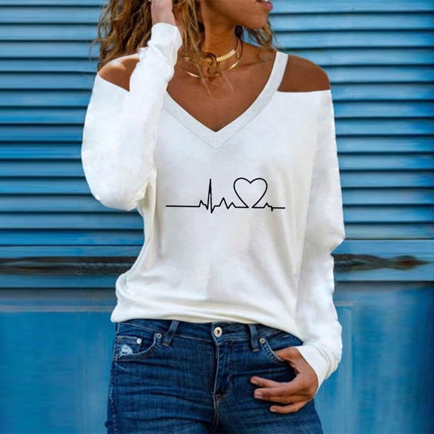 ICHUANYI Clearance Fashion Woman V-Neck Long Sleeve Electrocardiogram Print Cold Shoulder Loose Blouse Tops ICHUANYI "ICHUANYI"