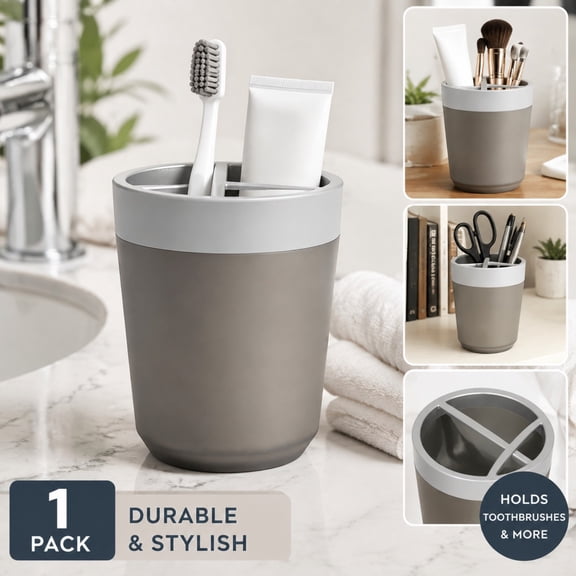 Toothbrush Holder Gray, Bathroom Toothbrush Organizer with 3 Slots, Toothpaste Storage Cup Holder, Space Saving Countertop Organizer for Family Bathroom