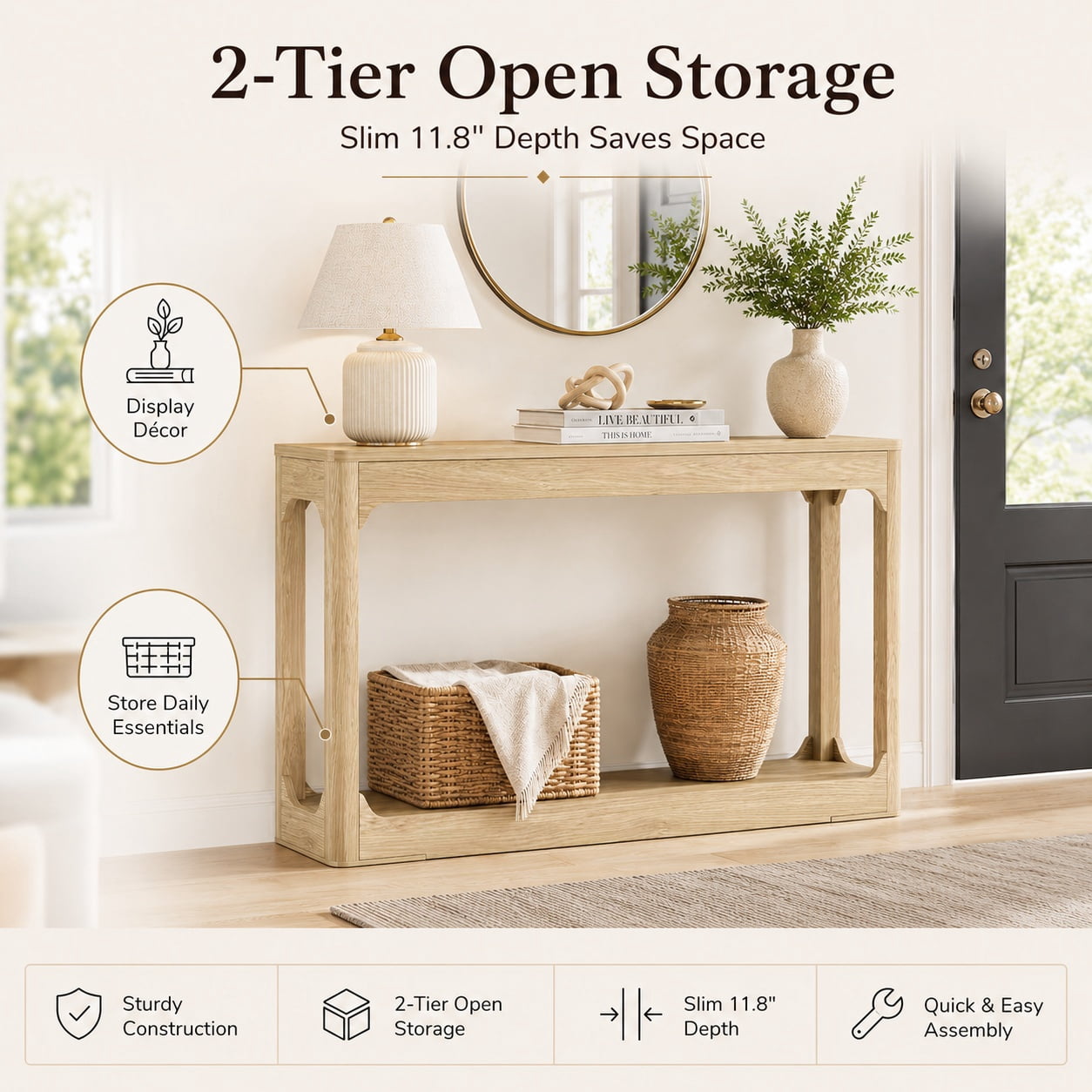 Aukfa 55.1" Wood Console Table, Narrow Sofa Table with 2-Tier Open Shelf for Entryway Hallway Living Room,Natural
