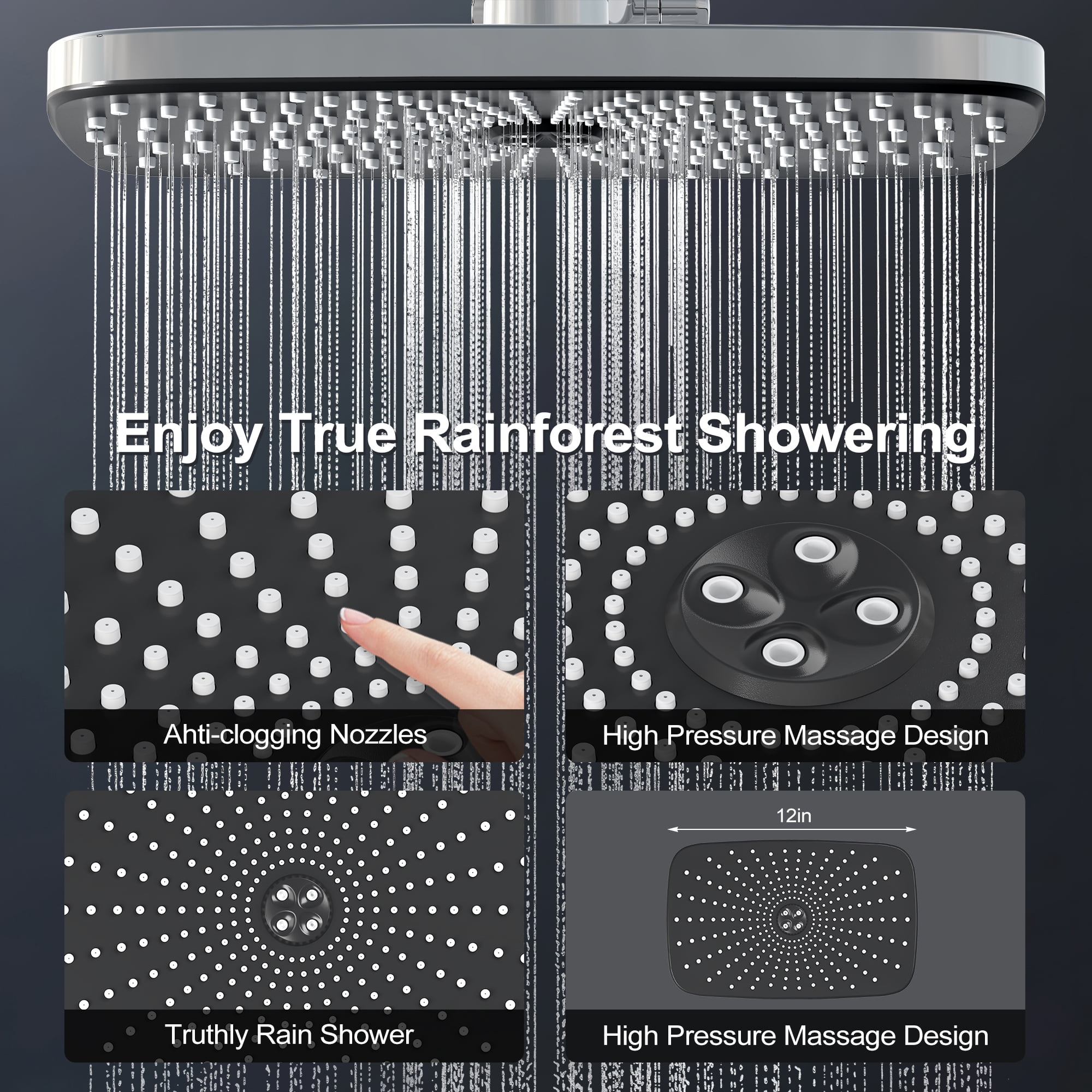 Hironpal 12"High Pressure Rain Shower Head with Handheld, 3+8+2 Spray Setting, Handheld Showerhead Combo with 59" Hose,Chro