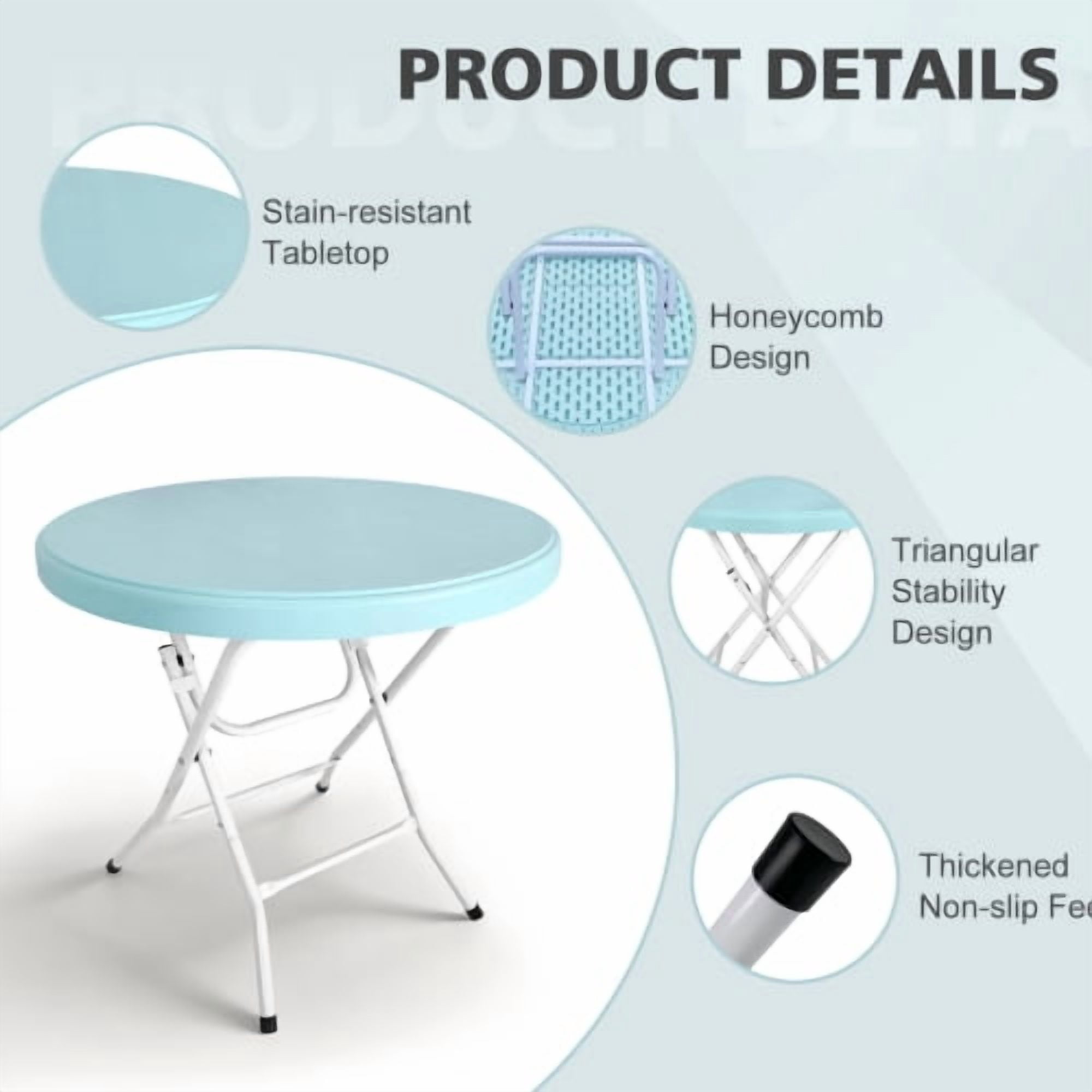 31.5" Round Folding Table, HDPE Cocktail & Bistro Table, Tool-Free Setup, Foldable for Outdoor Parties, Weddings, Cafes & Backyard, Blue