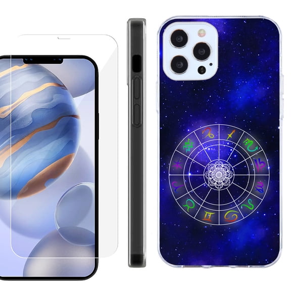 Slim Fit Protective Phone Case for Apple iPhone 12 / iPhone 12 Pro, with Tempered Glass Screen Protector, by OneToughShield ® - Zodiac / Horoscope