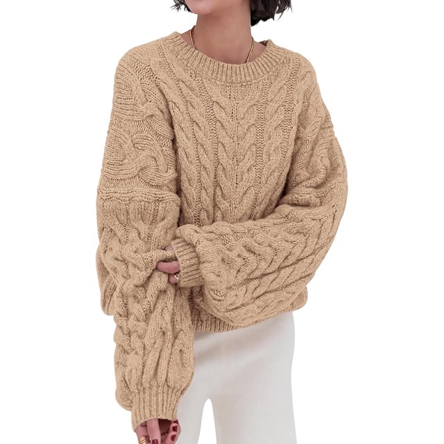 PRETTYGARDEN Womens Sweaters Spring 2025 Cable Knit Long Sleeve Crewneck Oversized Sweater Chunky Pullover Loose Outfits